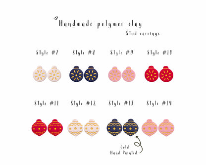 Handmade Christmas bauble stud earrings in festive red, pink, and navy blue colors, with golden accents. The perfect Christmas jewelry for her
