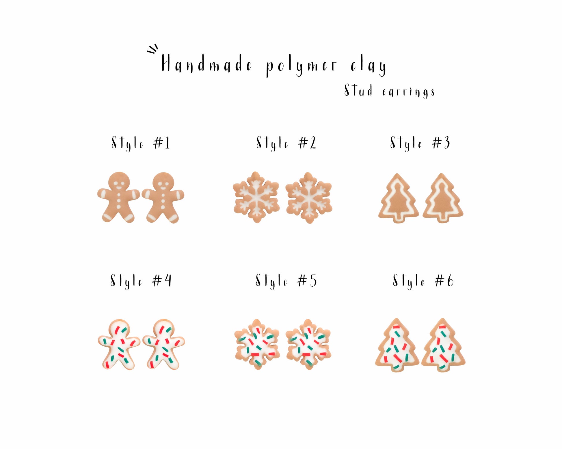ssorted handmade Christmas cookie stud earrings, featuring festive shapes like gingerbread men, snowflakes, Christmas trees, and candy canes. Lightweight and hypoallergenic holiday jewelry