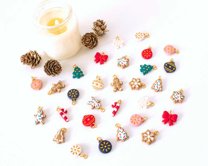 Full set of Christmas-themed handmade polymer clay charms, Gingerbread men, snowflakes, Christmas trees, and candy canes for festive hoop earrings.