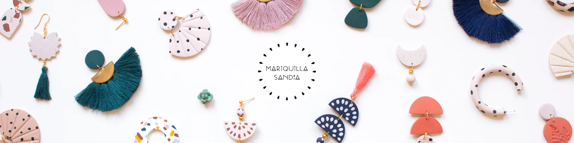 Handmade clay earrings in colorful geometric and boho designs displayed on white background banner