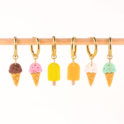 gold charm hoop earrings with ice cream charms cones and popsicles summer earrings