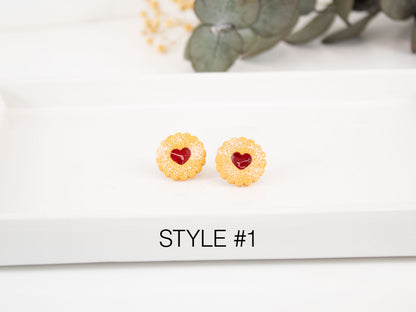 Linzer biscuit stud earrings with glossy strawberry jam heart, hypoallergenic sweet jewelry