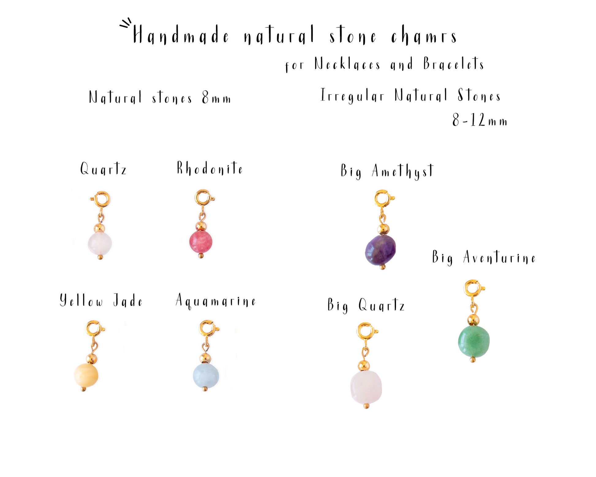 Natural stone charms for necklaces and bracelets with clasp, Quartz, Aquamarine, Rhodonite, Amethyst, Aventurine and Jade gemstone charms, Handmade interchangeable jewelry pieces