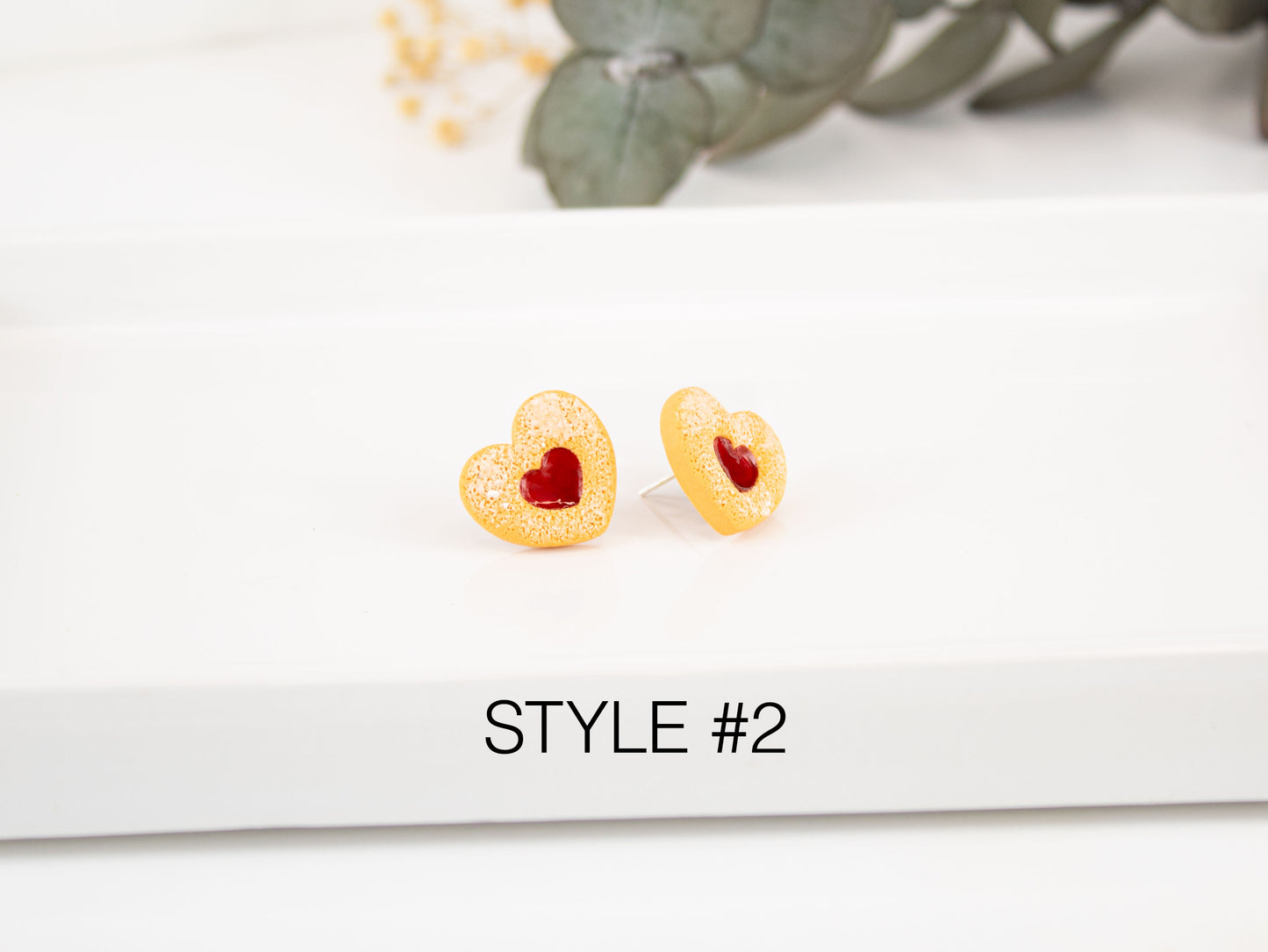 Heart shaped linzer cookie stud earrings with jam center, handmade dessert lover gift