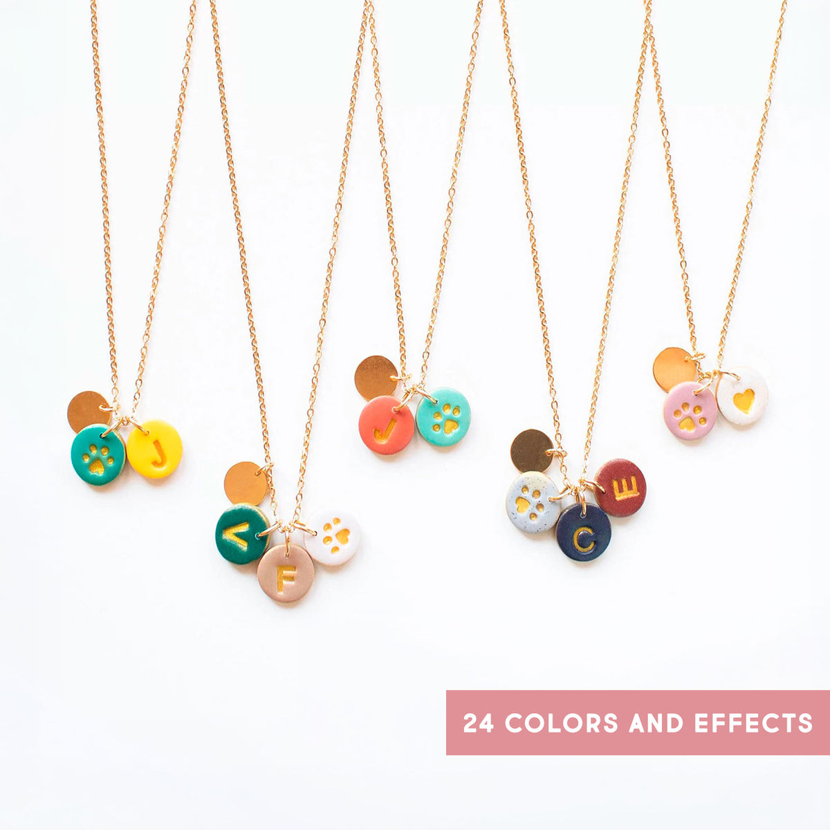 Personalized paw print necklace with initial charms in 24 colors