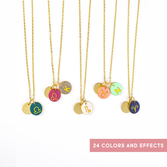 Gold zodiac and initial necklaces in colorful clay charms
