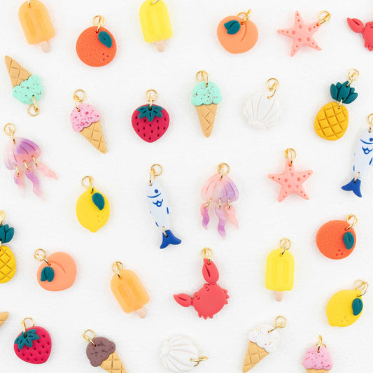 Interchangeable summer charms for hoop earrings, shells starfish crab jellyfish fish cones popsicles lemon peach orange pineapple strawberry