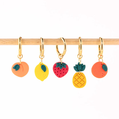 gold charm hoop earrings with fruit charms peach lemon strawberry pineapple orange
