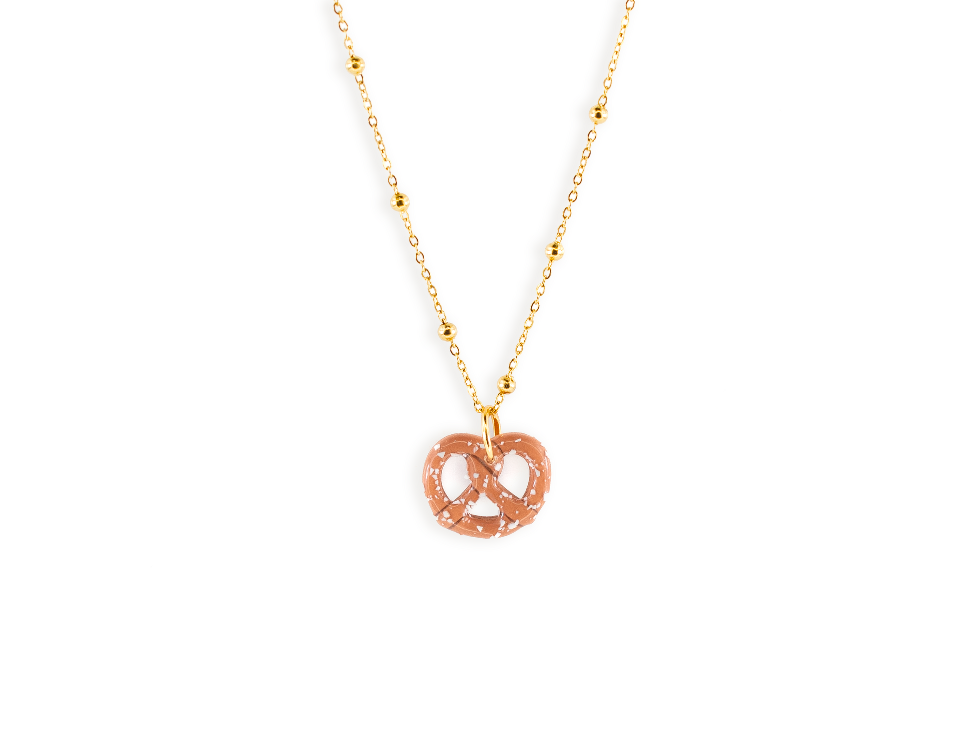 Handmade salted pretzel necklace on satellite gold chain, clay food jewelry