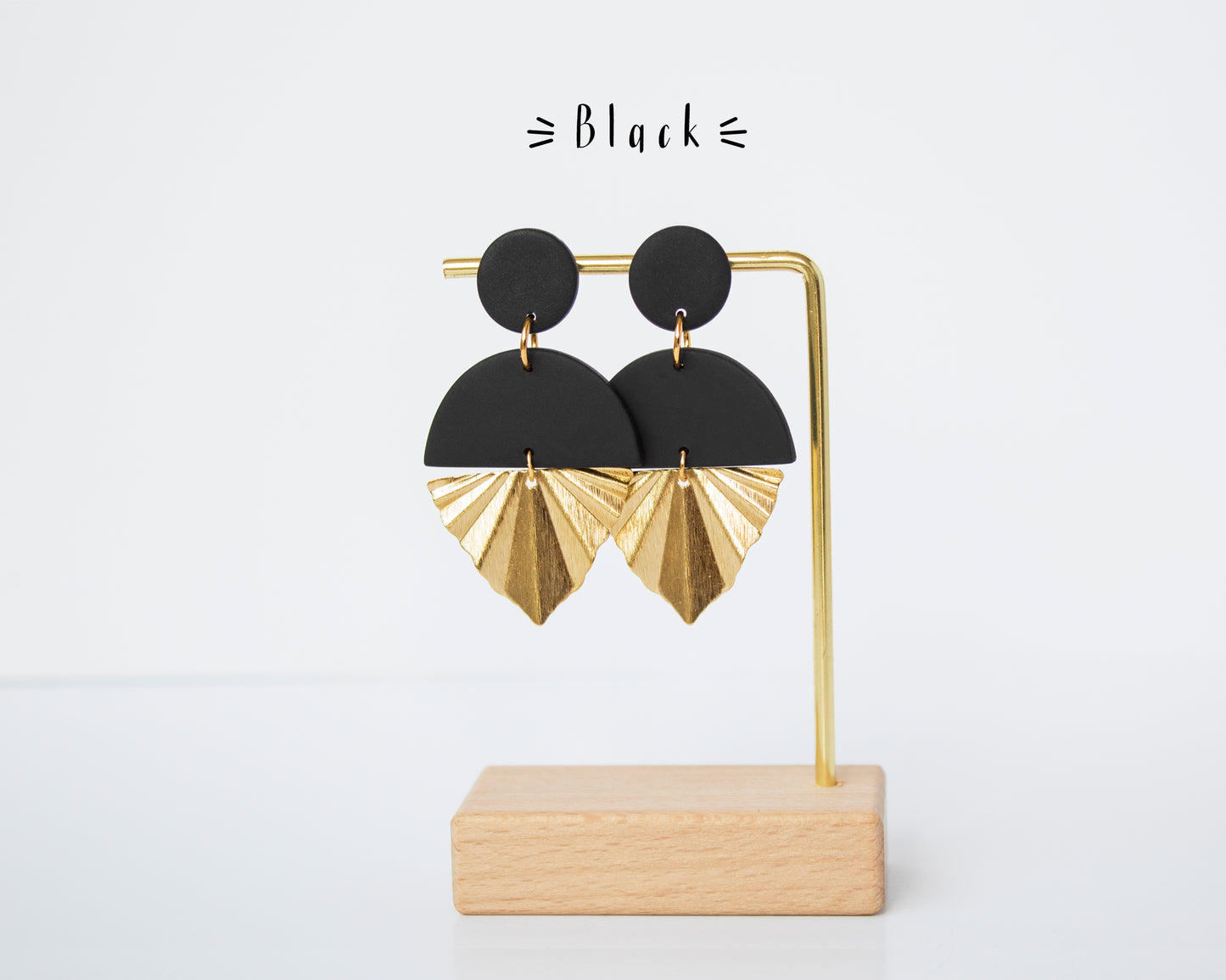 Black and Gold Long Earrings with Gold Leaf Charm and Brass Accents