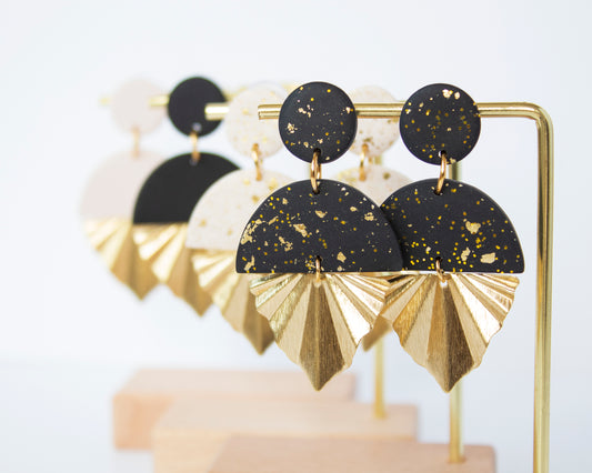 Black and White Long Earrings with Gold Leaf Charm and Golden Accents
