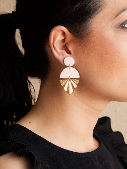 White and Gold Long Earrings with Gold Leaf Charm and Brass Accents
