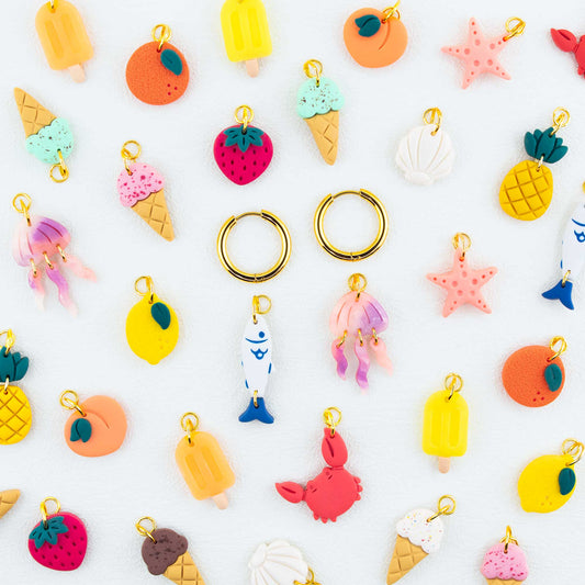 interchangeable summer hoop earrings with handmade clay charms beach, fruit and ice cream