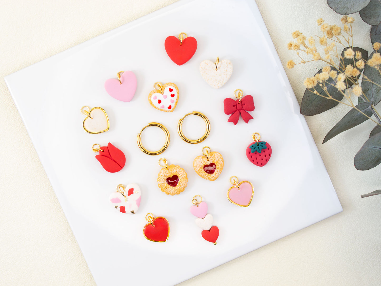 Valentine charm hoop earrings with interchangeable cookie heart strawberry and bow charms