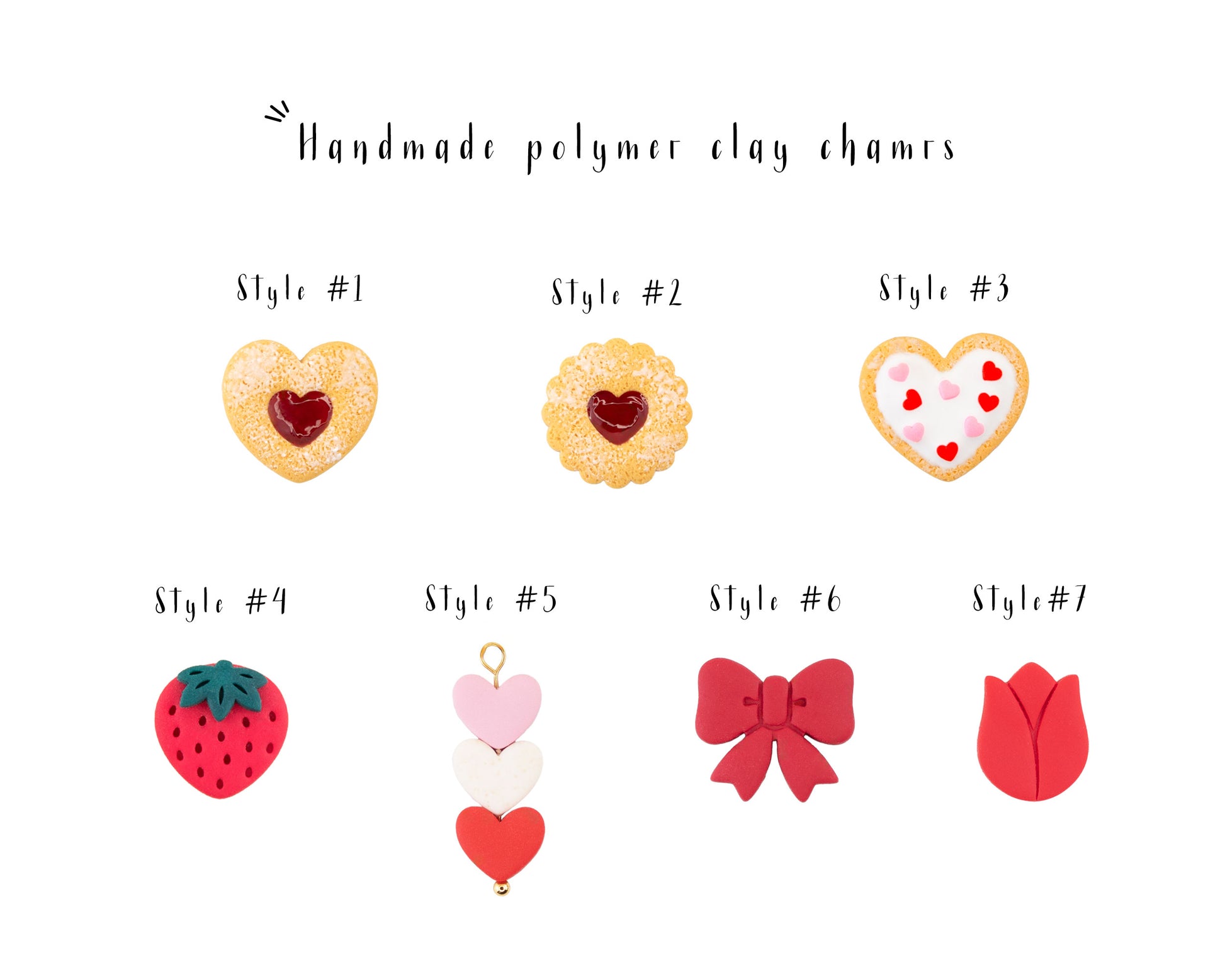 Handmade polymer clay Valentine charms styles chart with heart cookie bow and strawberry designs
