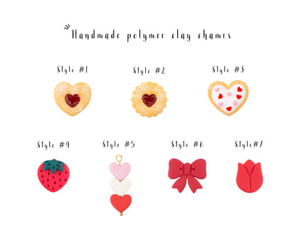 Handmade polymer clay Valentine charms styles chart with heart cookie bow and strawberry designs