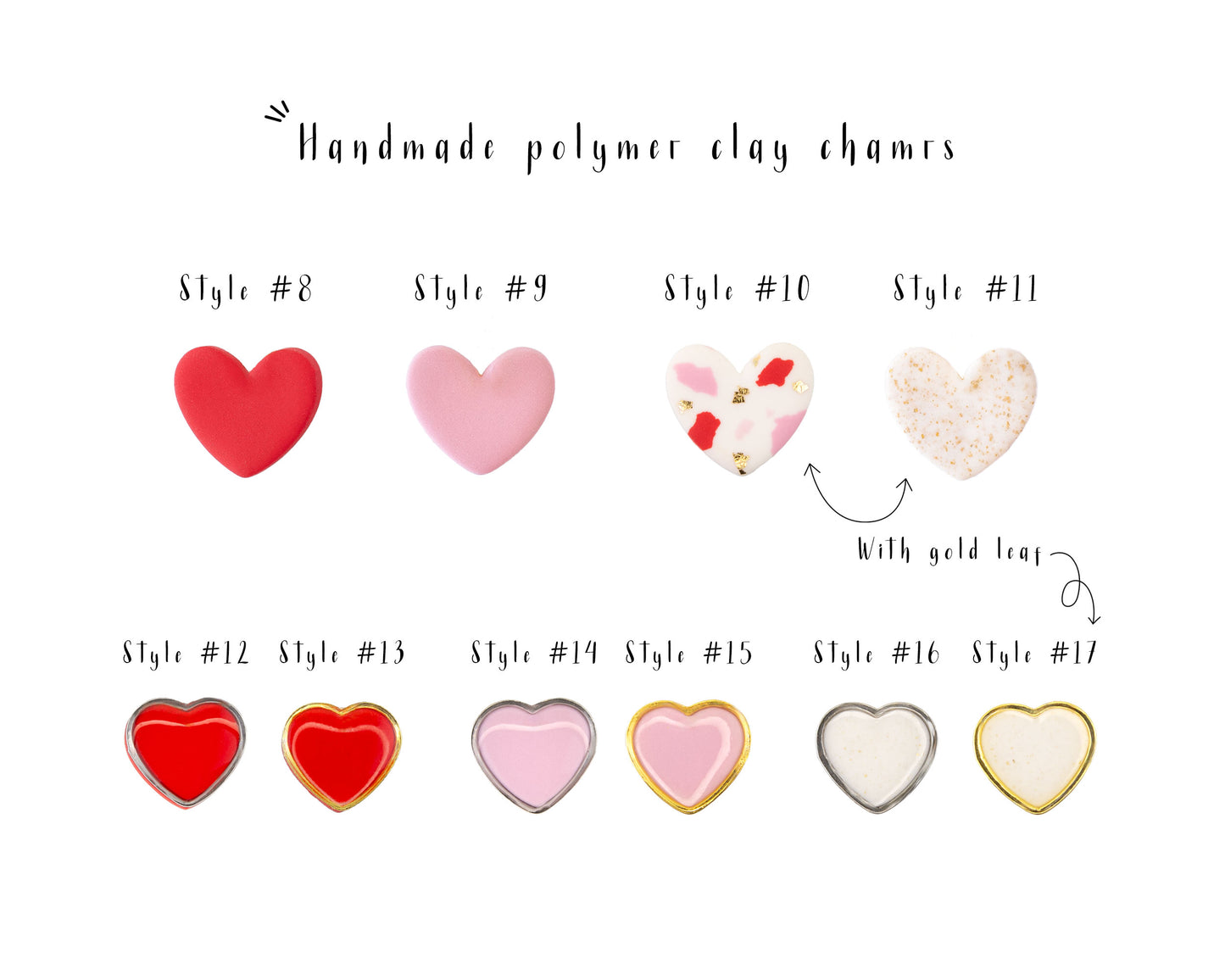 Valentine heart charms chart showing handmade cookie heart designs with gold leaf details