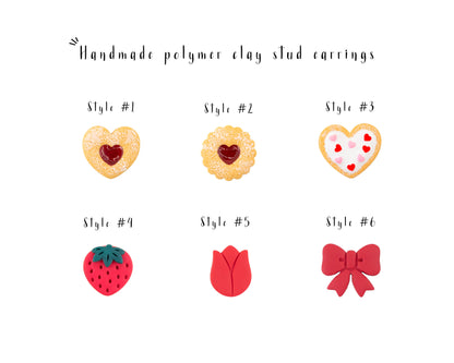 Handmade Valentine heart stud earrings styles chart with cookie strawberry tulip and bow studs