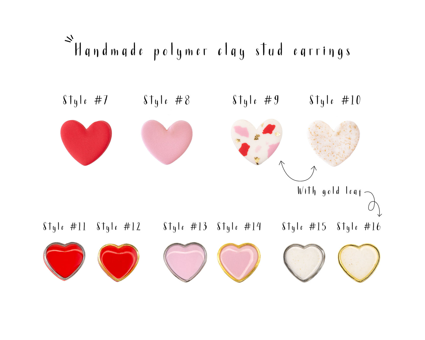 Heart stud earrings chart showing gold silver and handmade polymer clay Valentine designs