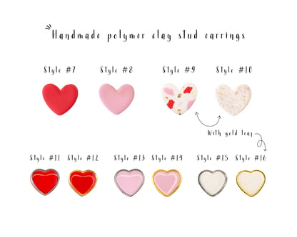 Heart stud earrings chart showing gold silver and handmade polymer clay Valentine designs
