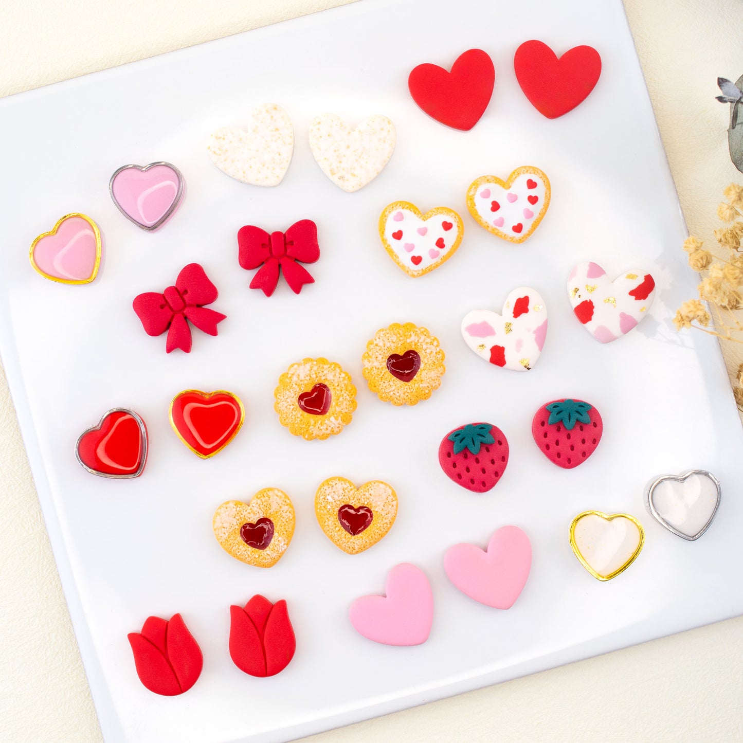Valentine heart stud earrings with bow strawberry tulip and cookie designs handmade studs