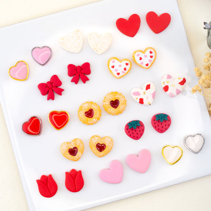 Valentine heart stud earrings with bow strawberry tulip and cookie designs handmade studs