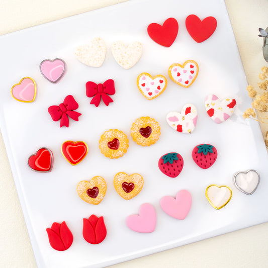 Valentine heart stud earrings with bow strawberry tulip and cookie designs handmade studs