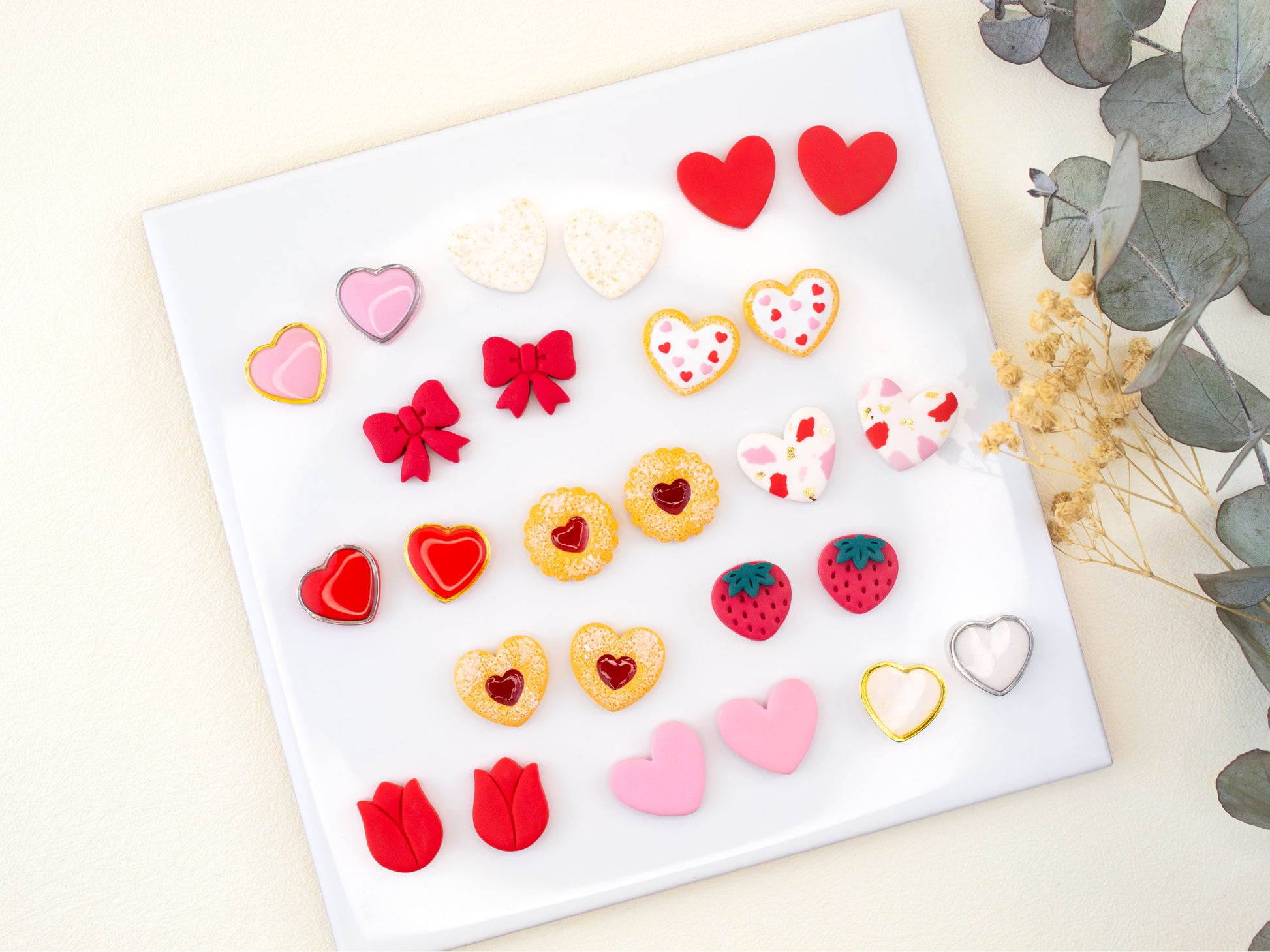 Valentine heart stud earrings with bow strawberry tulip and cookie designs handmade studs