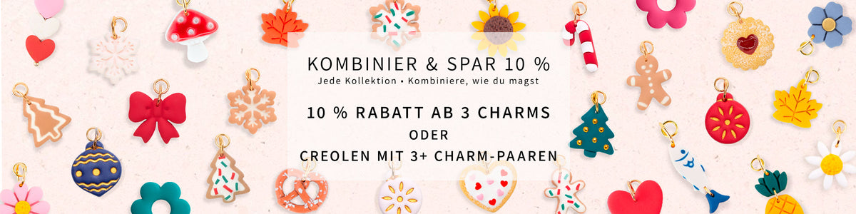 Handgemachte Weihnachts-Charms aus Clay, darunter Lebkuchen und Zuckerstangen. 10 % Rabatt ab 3 Charms oder auf Creolen mit 3+ Charm-Paaren.