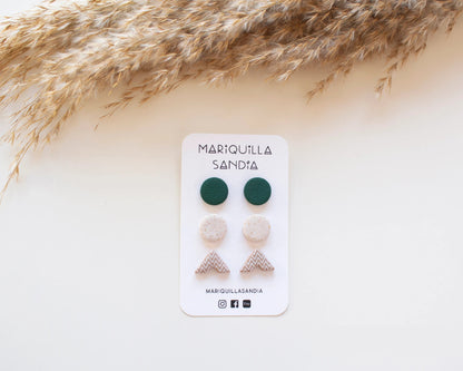 Mismatched triangle and round stud earrings, bohemian style