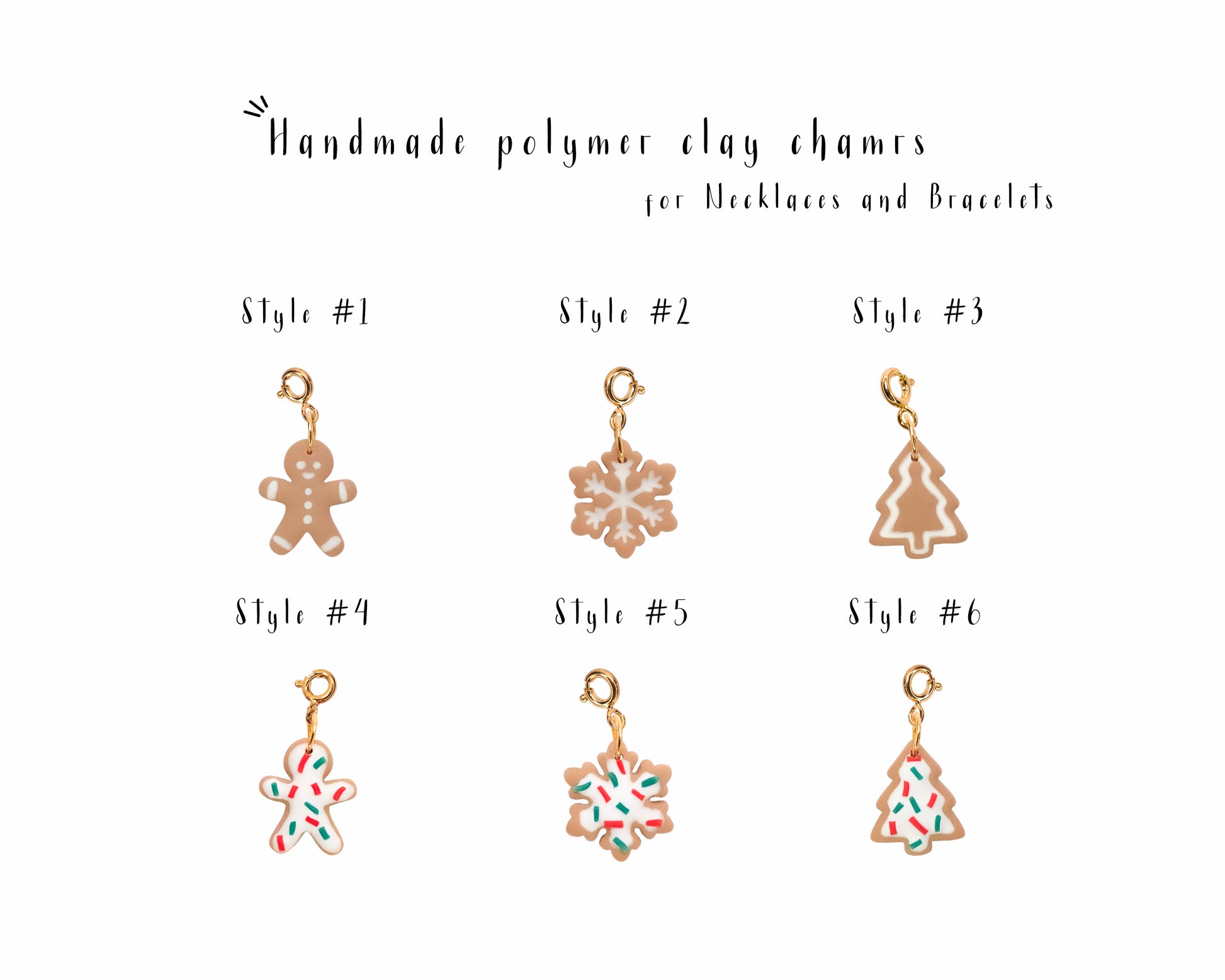 Handmade Christmas cookie charms for necklaces, gingerbread man, snowflake and Christmas tree clay charms with gold clasp