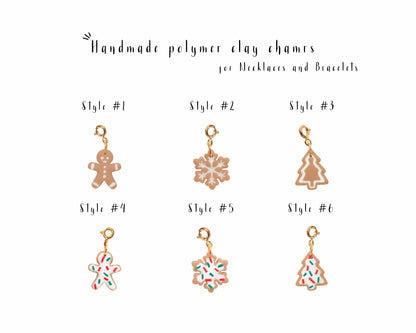 Handmade Christmas cookie charms for necklaces, gingerbread man, snowflake and Christmas tree clay charms with gold clasp