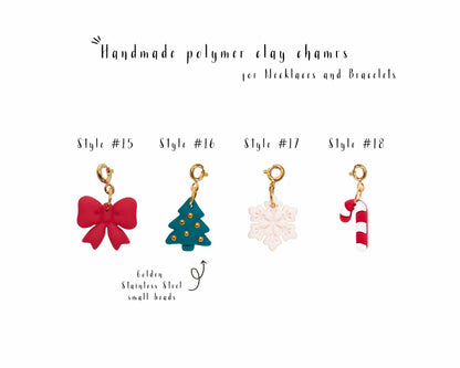 Handmade holiday charms for necklaces, red bow, green Christmas tree with gold beads, white snowflake and red candy cane clay charms