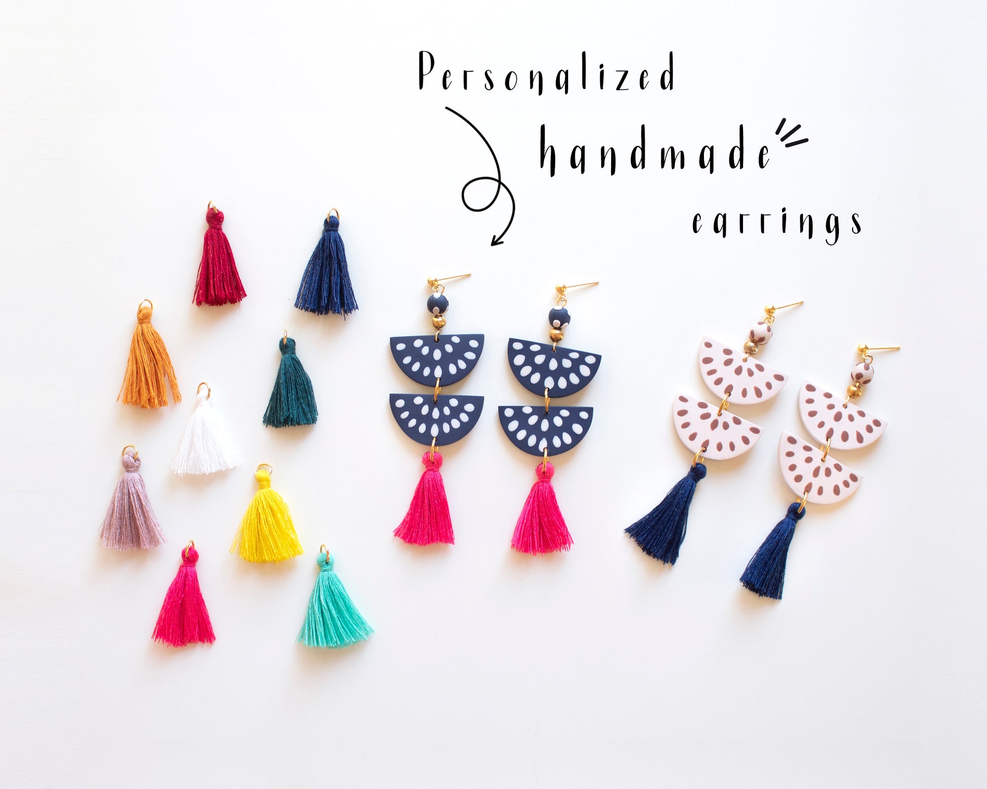 Collection of colorful handmade clay earrings with customizable tassels