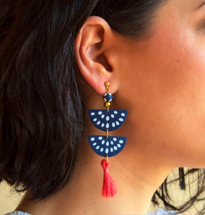 Handmade clay earrings in navy blue with customizable tassel options