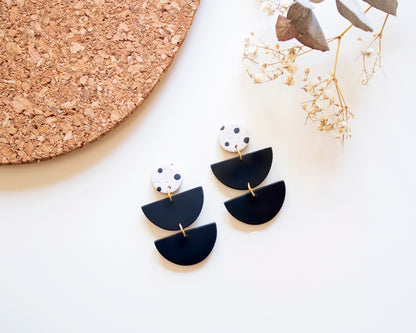 Black and white dangle earrings in boho style, handmade jewelry.