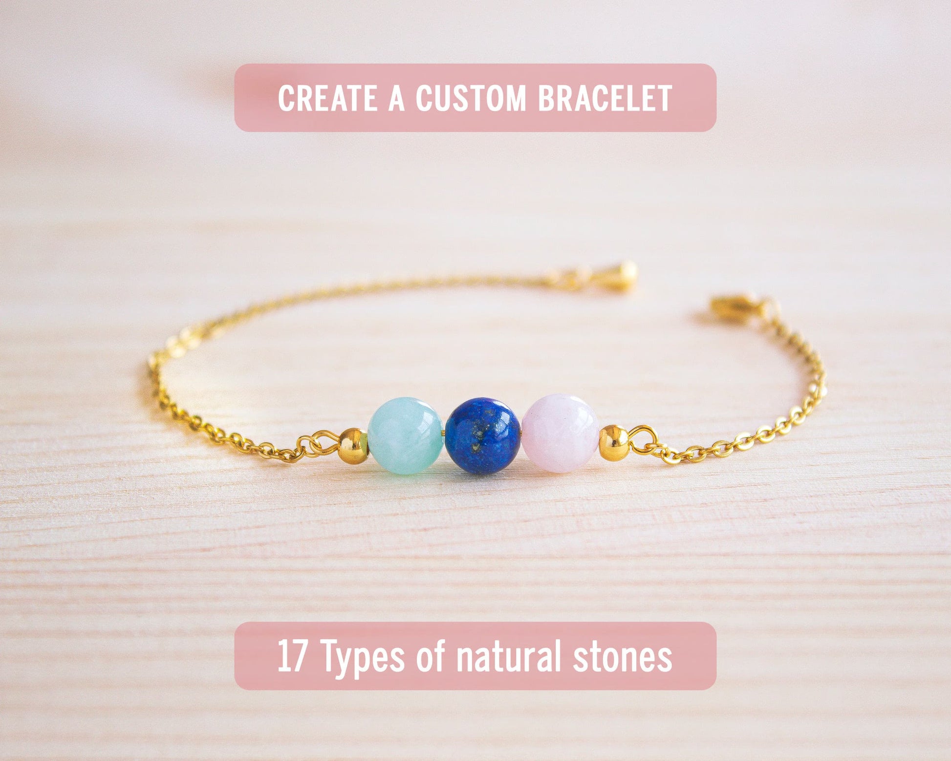 Custom gemstone bracelet with amazonite lapis lazuli and rose quartz on gold chain