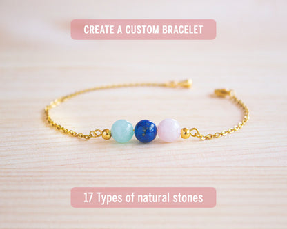 Custom gemstone bracelet with amazonite lapis lazuli and rose quartz on gold chain