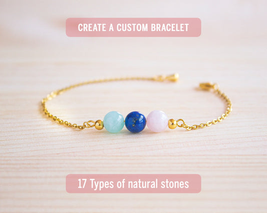 Custom gemstone bracelet with amazonite lapis lazuli and rose quartz on gold chain