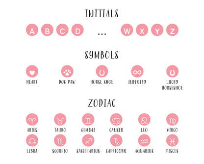 Available initials symbols and zodiac signs for personalized necklaces