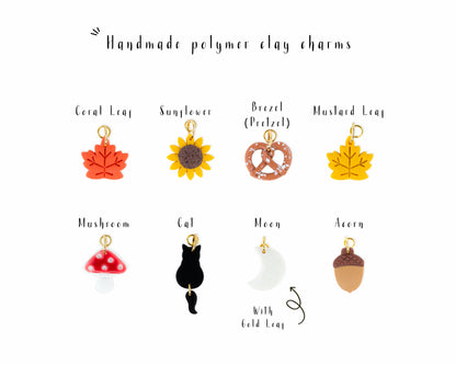 Handmade polymer clay charms for hoop earrings: Sunflower, cat, mushroom, moon, and pretzel designs