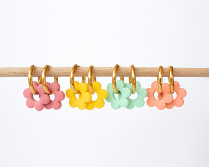 Gold hoop earrings with pastel flower charms, mix and match jewelry"