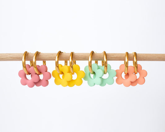 Gold hoop earrings with pastel flower charms, mix and match jewelry"