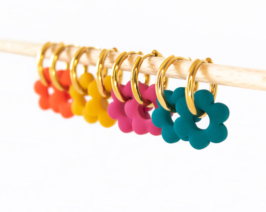 Gold hoop earrings with autumn flower charms, mix and match fall jewelry