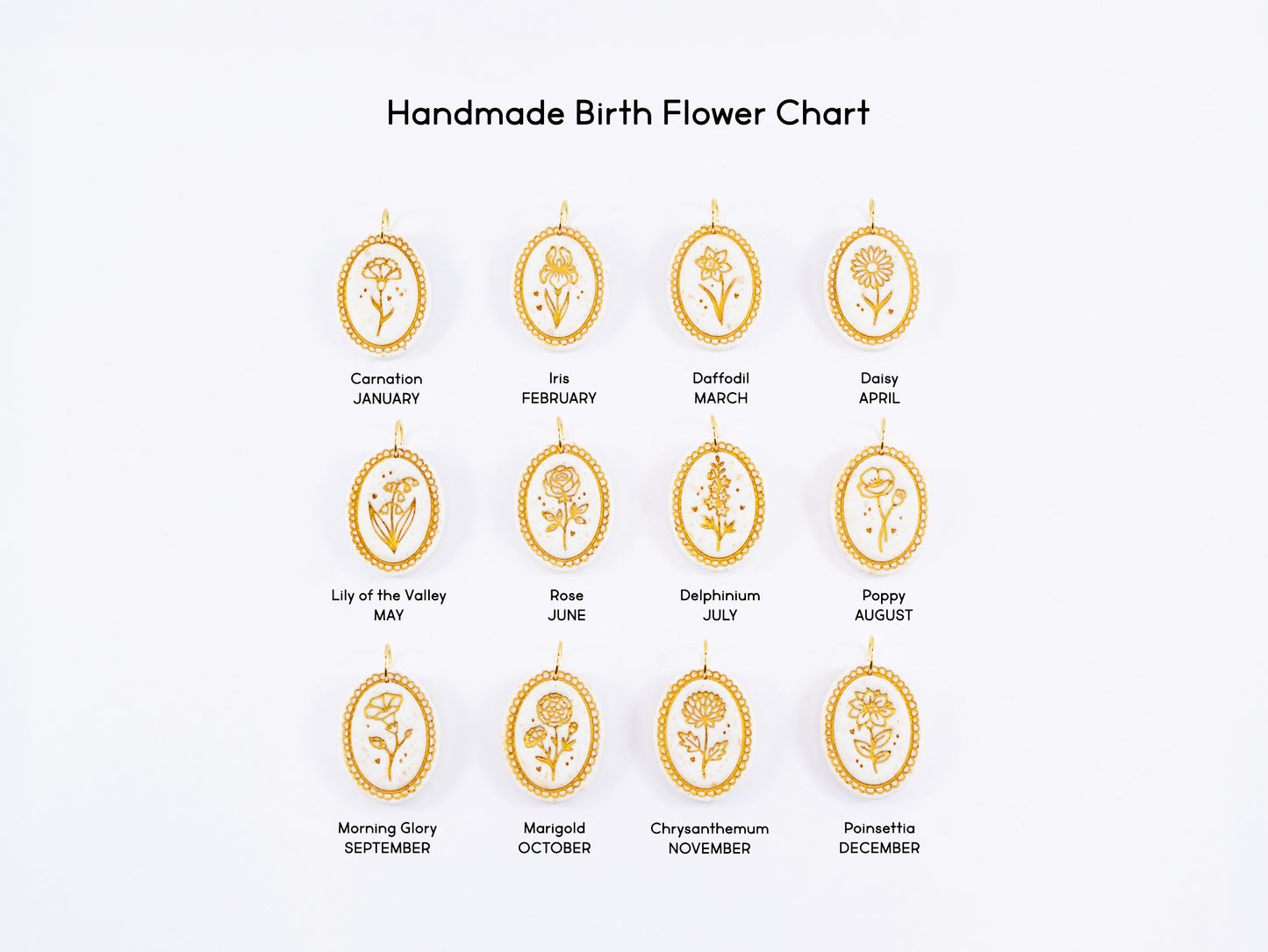 A complete handmade birth flower chart showing twelve white clay cameo pendants. Each pendant features a different hand-painted botanical bas-relief corresponding to each month of the year, from January to December.
