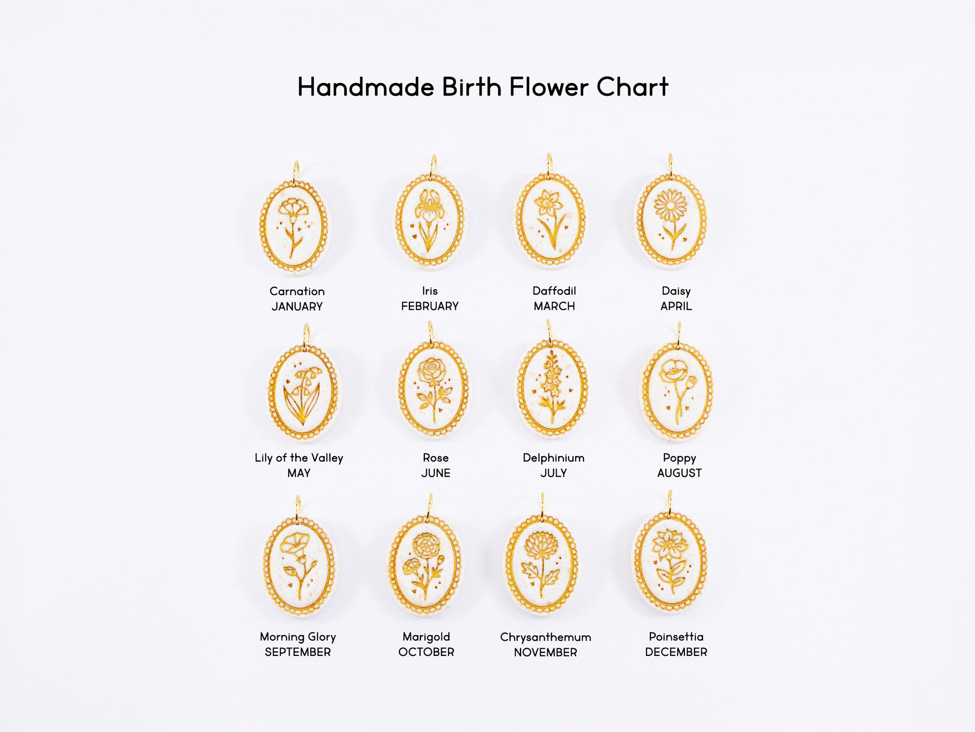 A complete handmade birth flower chart showing twelve white clay cameo pendants. Each pendant features a different hand-painted botanical bas-relief corresponding to each month of the year, from January to December.