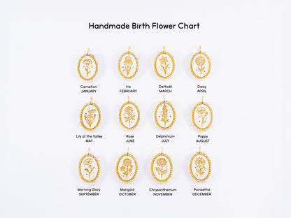 A complete handmade birth flower chart showing twelve white clay cameo pendants. Each pendant features a different hand-painted botanical bas-relief corresponding to each month of the year, from January to December.
