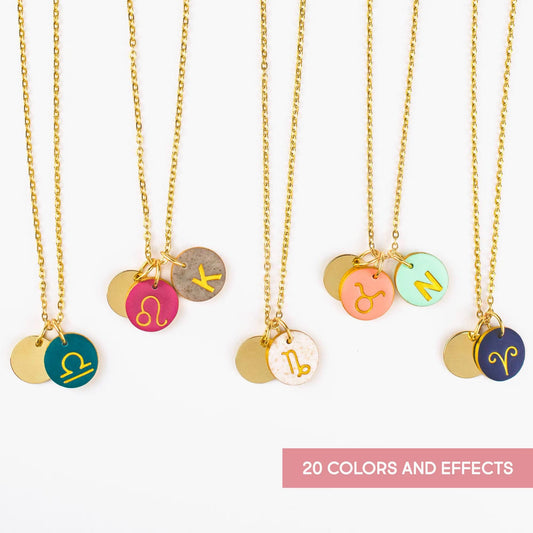 Gold zodiac and initial necklaces in colorful clay charms