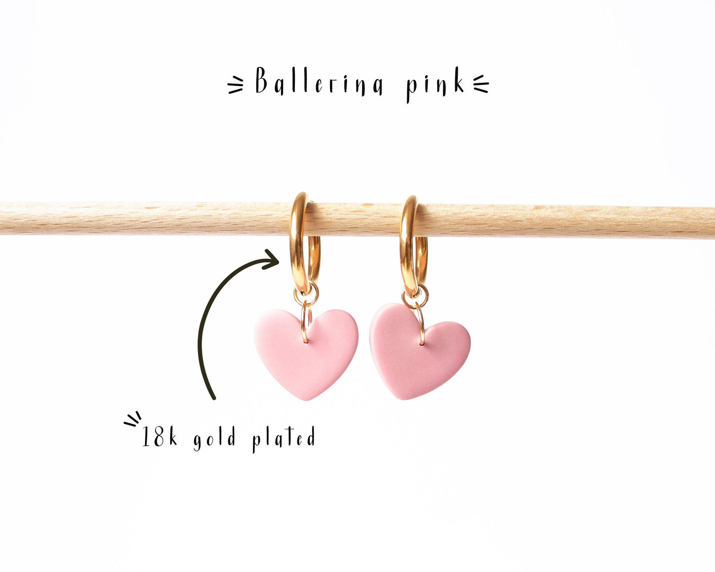 Pink heart charm hoop earrings with 18K gold plated hoops, hypoallergenic and lightweight.