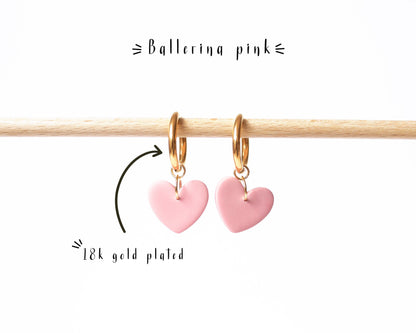 Pink heart charm hoop earrings with 18K gold plated hoops, hypoallergenic and lightweight.